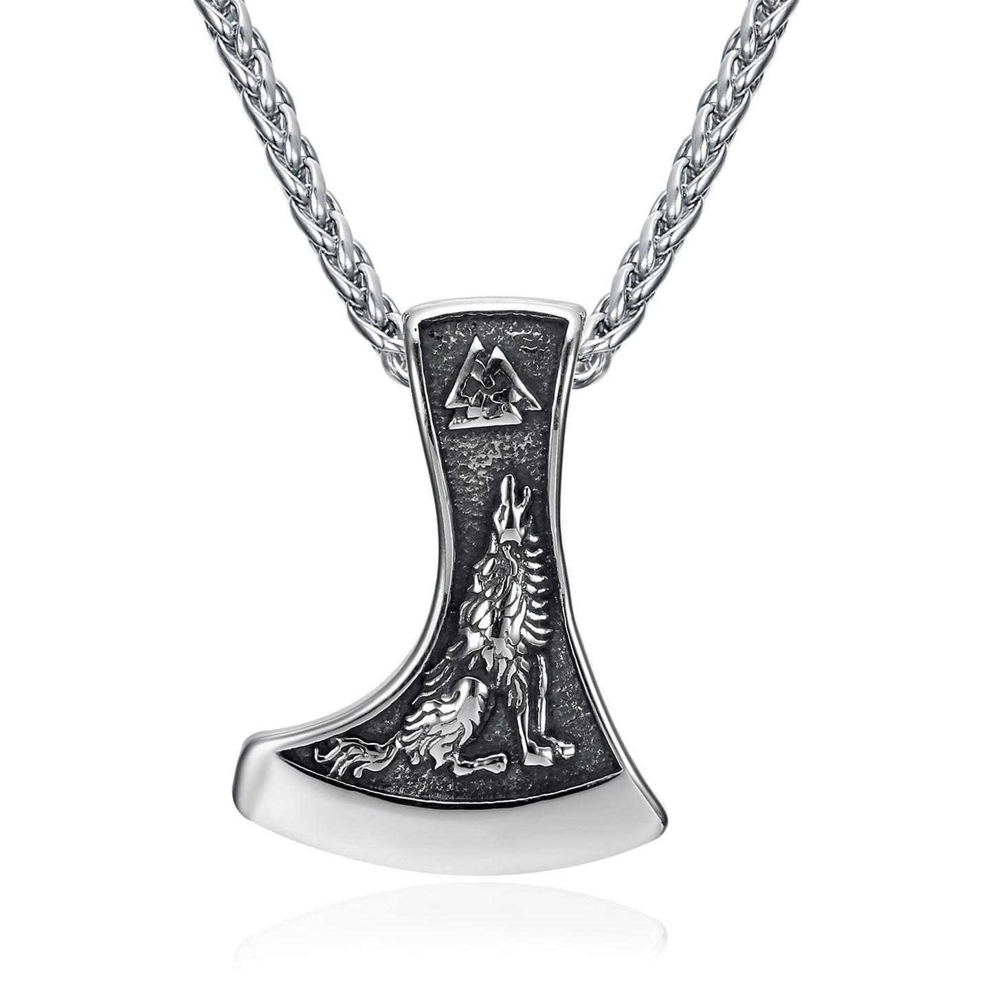 Bjorn Regalia Handcrafted Stainless Steel Valknut with Raven & Wolf Necklace