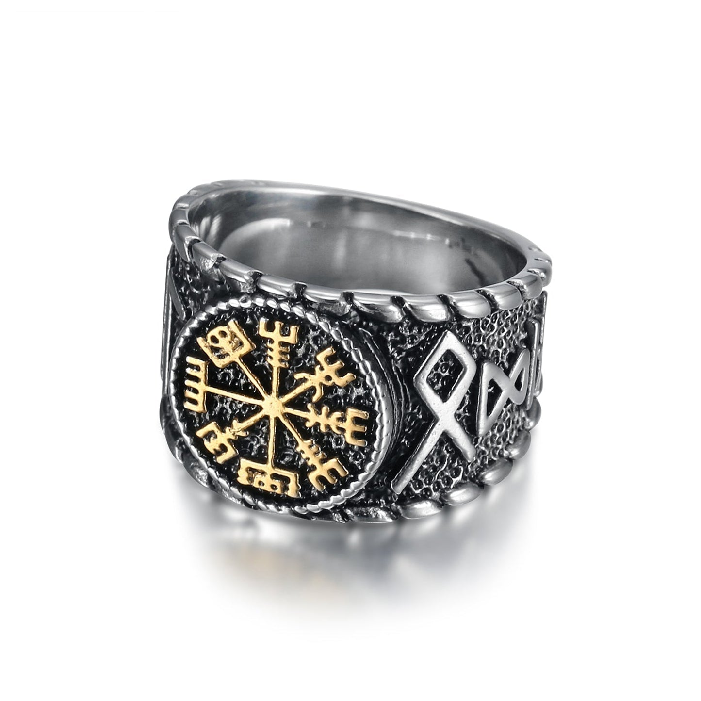 Bjorn Regalia Handcrafted Stainless Steel Vegvisir and Runes Ring