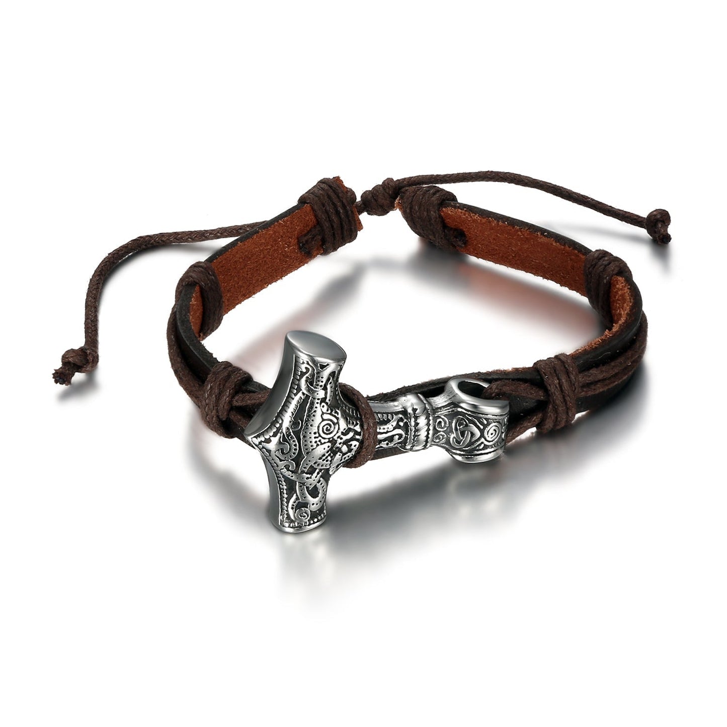 Bjorn Regalia Adjustable Leather Wristband With Handcrafted Stainless Steel Mjolnir