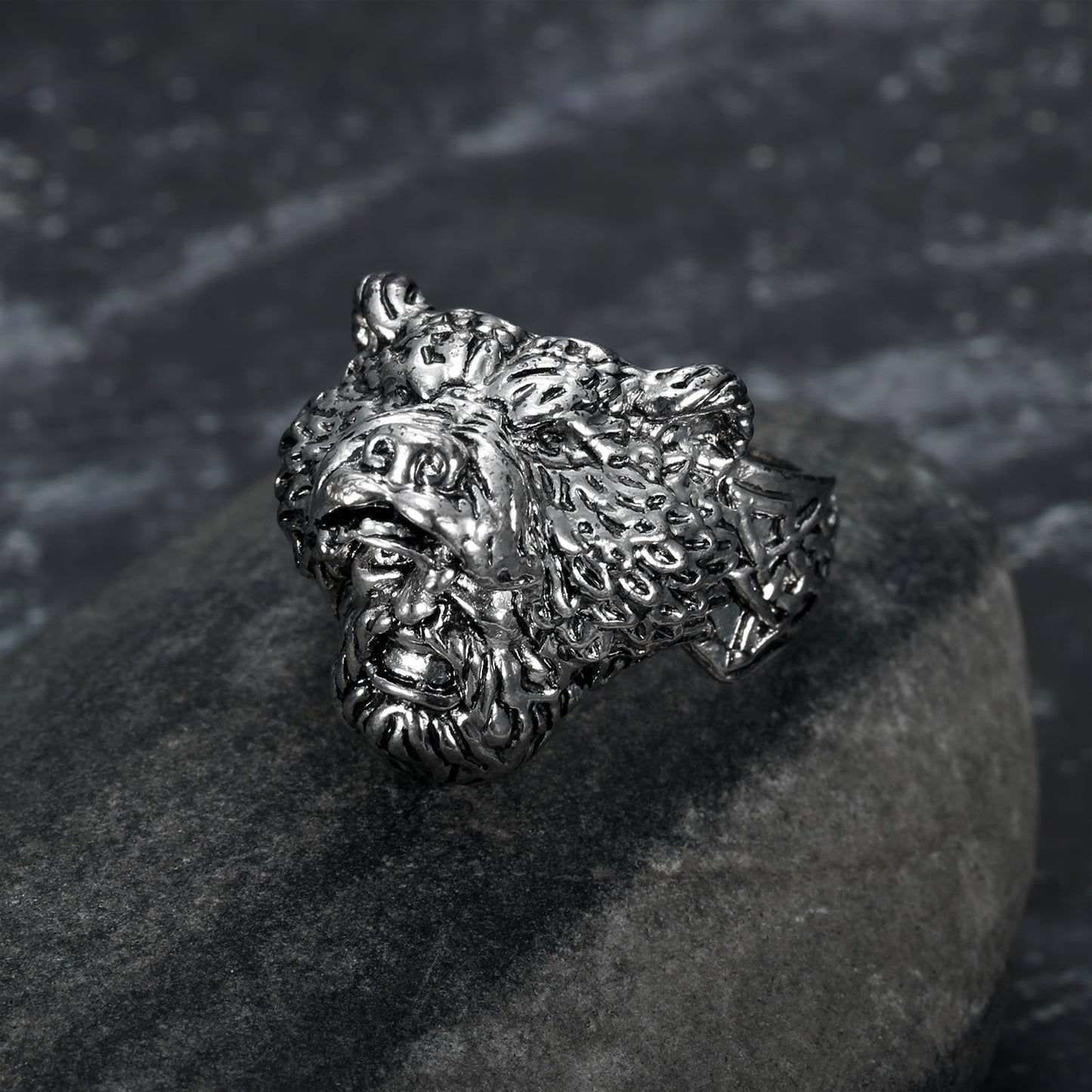 Bjorn Regalia Handcrafted Stainless Steel Odin and Wolf Ring