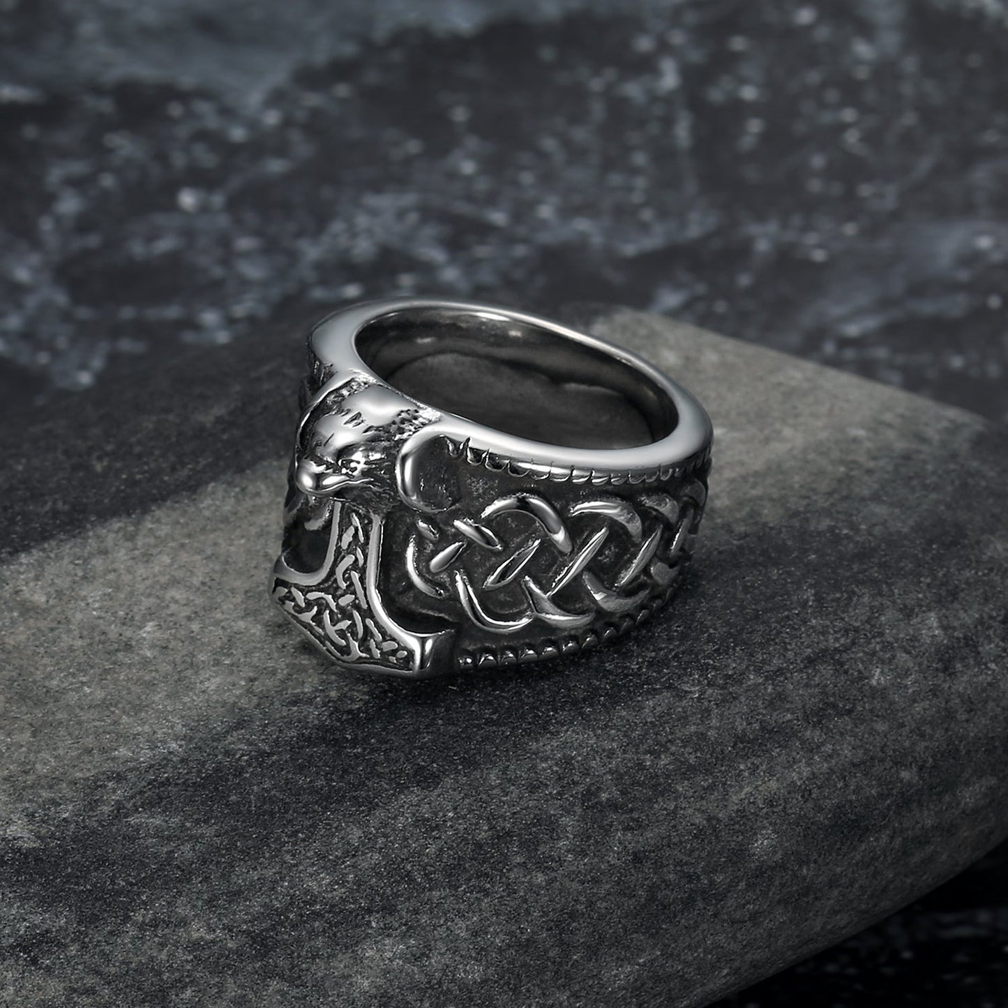 Bjorn Regalia Handcrafted Stainless Steel Thor's Hammer and Celtic Knotwork Ring