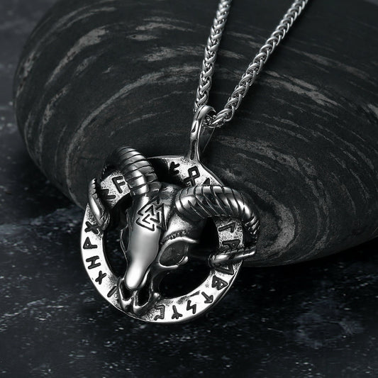Bjorn Regalia Handcrafted Stainless Steel Goat Head Necklace with Valknut and Runes