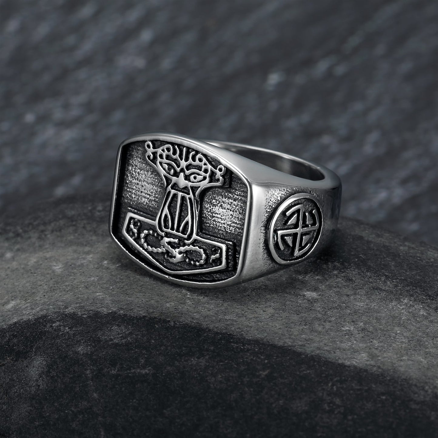 Bjorn Regalia Handcrafted Stainless Steel 'Aged' Mjolnir Signet Ring