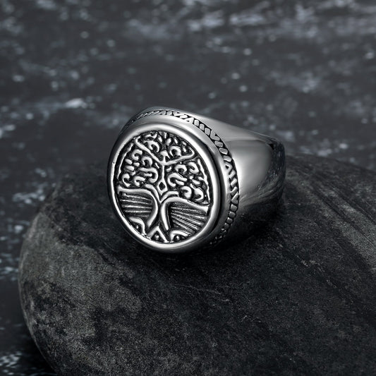 Bjorn Regalia Handcrafted Stainless Steel Yggdrasil / Tree of Life Circular Ring