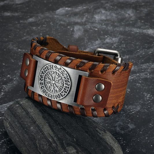 Bjorn Regalia Leather Buckle Arm Cuff With Metal Vegvisir Design