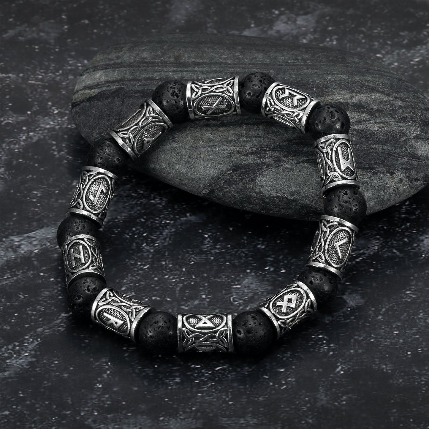 Bjorn Regalia Silver Rune and Black Lava Stone Bracelet