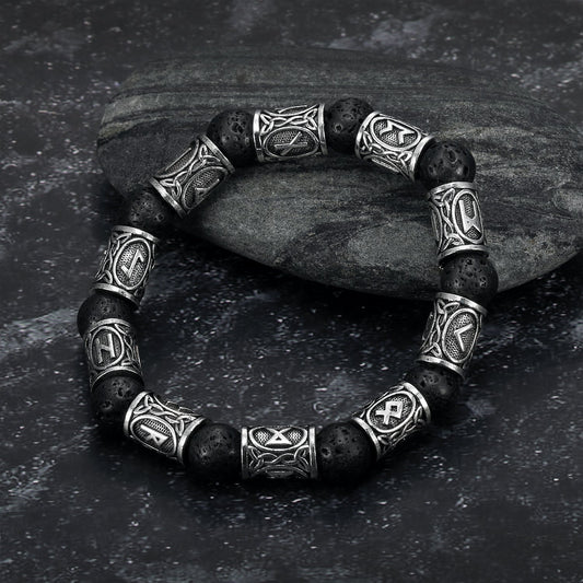 Bjorn Regalia Silver Rune and Black Lava Stone Bracelet