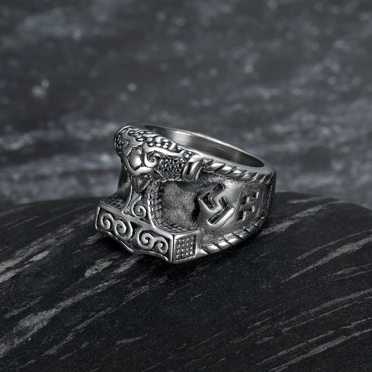 Bjorn Regalia Handcrafted Stainless Steel Thor's Hammer and Rune Ring