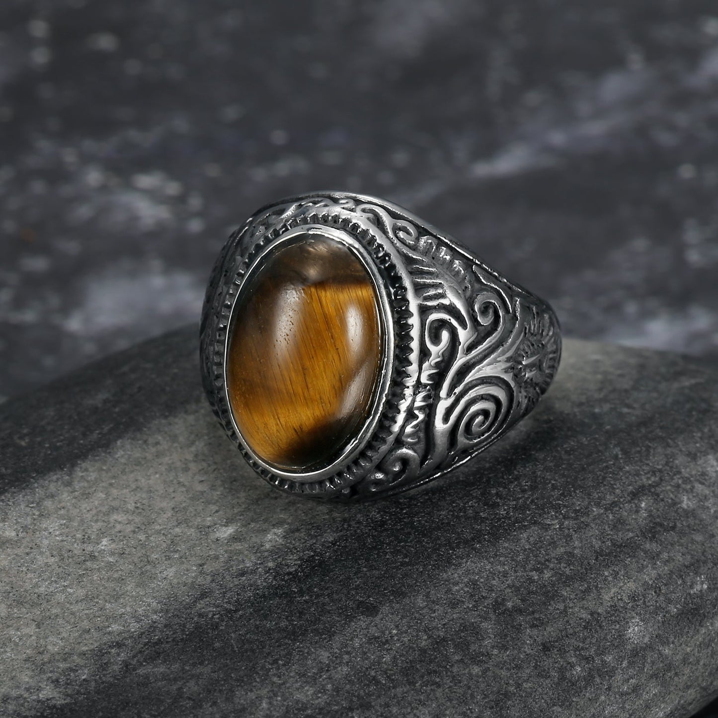 Bjorn Regalia Handcrafted Stainless Steel Celtic Scroll Ring With Inset Stone