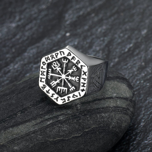 Bjorn Regalia Handcrafted Stainless Steel Hexagonal Vegvisir & Valknut Rune Ring