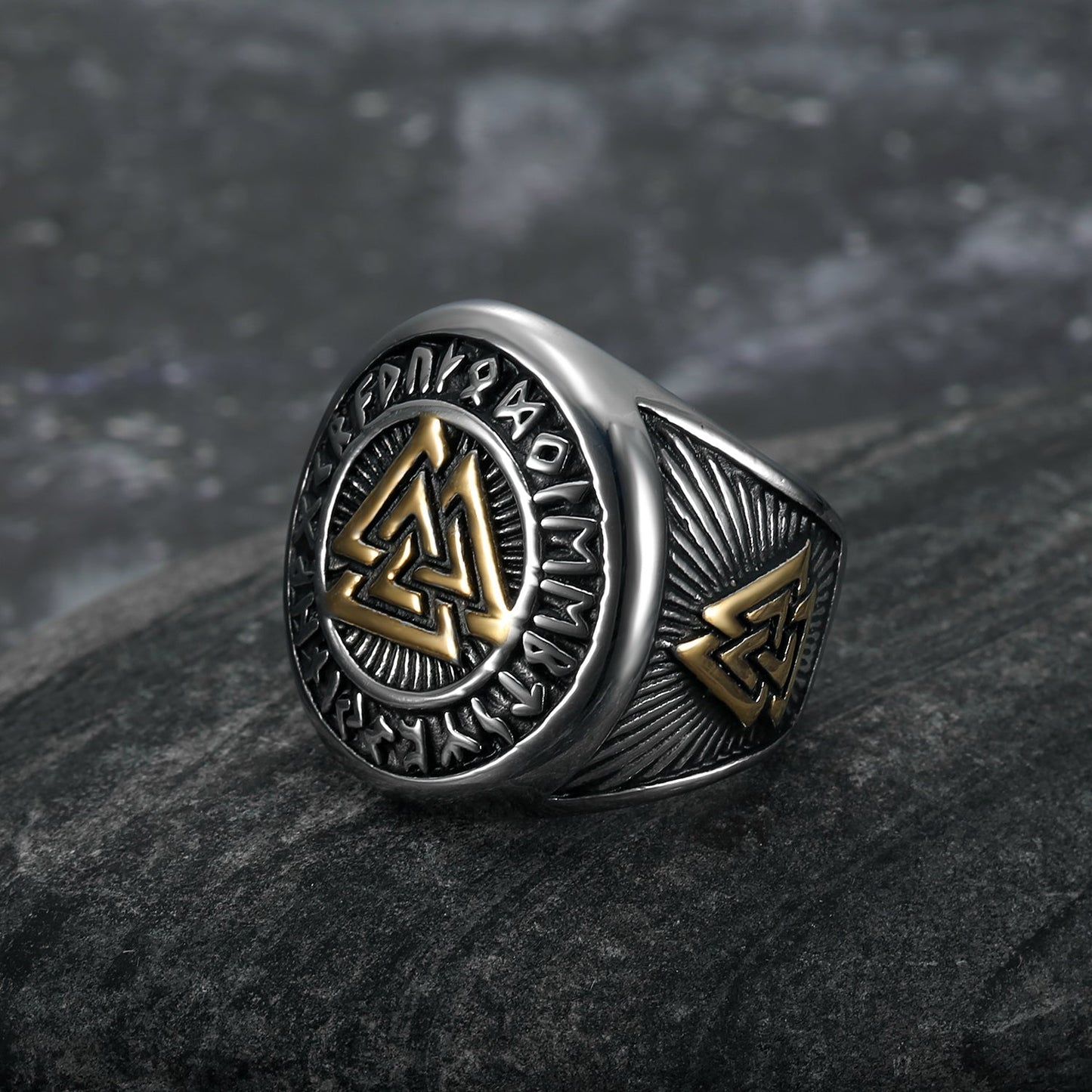 Bjorn Regalia Handcrafted Stainless Steel Dual Color Valknut and Runes Ring
