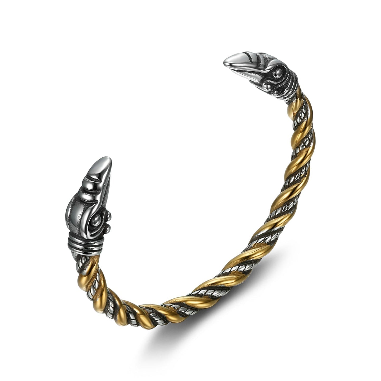 Bjorn Regalia Handcrafted Stainless Steel Beaded Spiral Raven Head Torc Bracelet