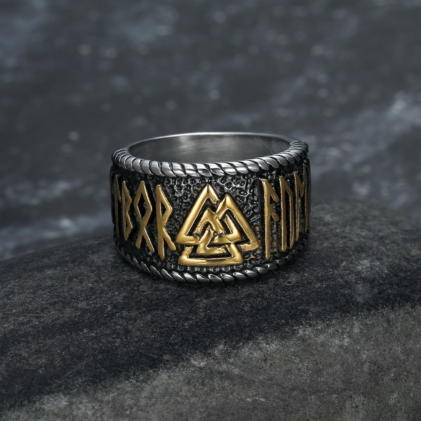 Bjorn Regalia Handcrafted Stainless Steel Dual Color Valknut and Rune Ring