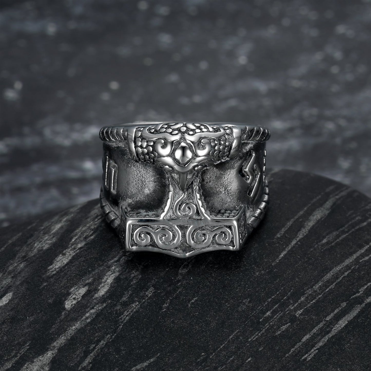 Bjorn Regalia Handcrafted Stainless Steel Thor's Hammer and Rune Ring