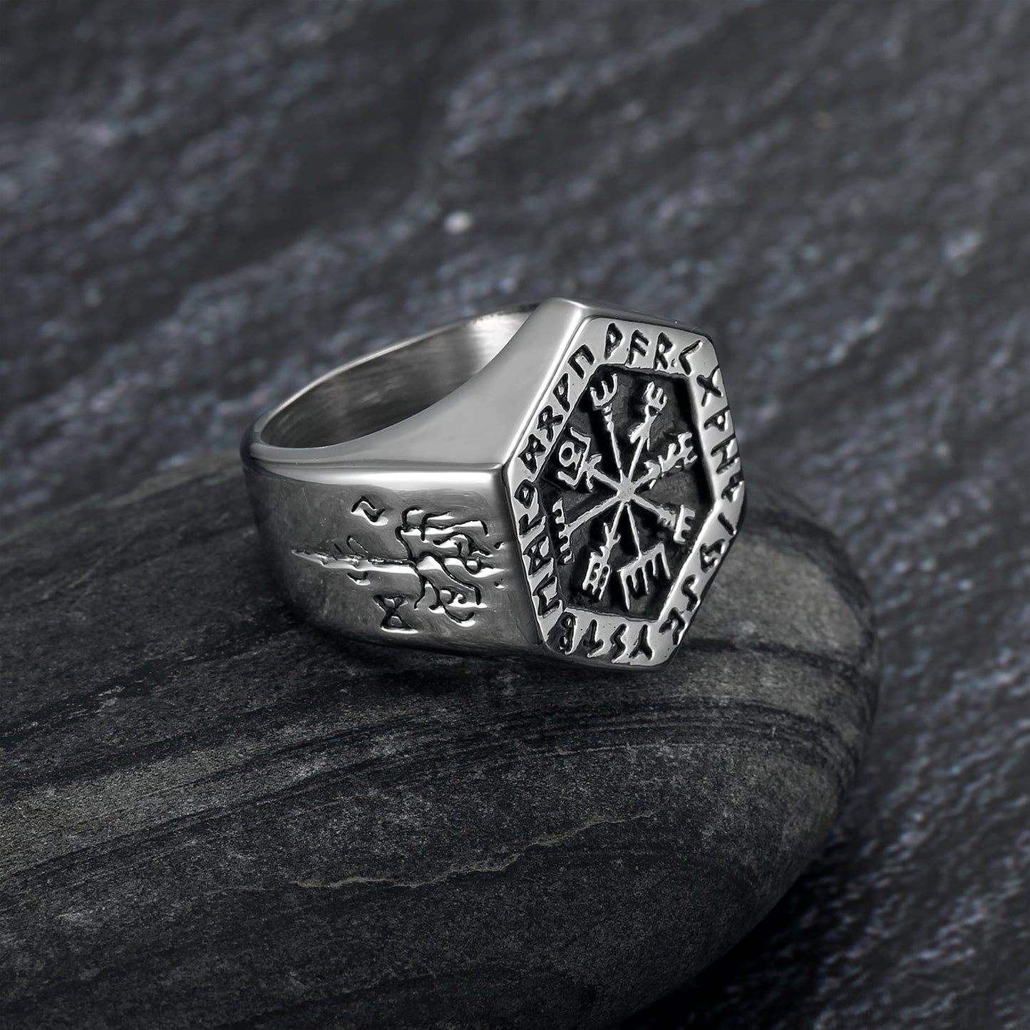 Bjorn Regalia Handcrafted Stainless Steel Hexagonal Vegvisir & Valknut Rune Ring