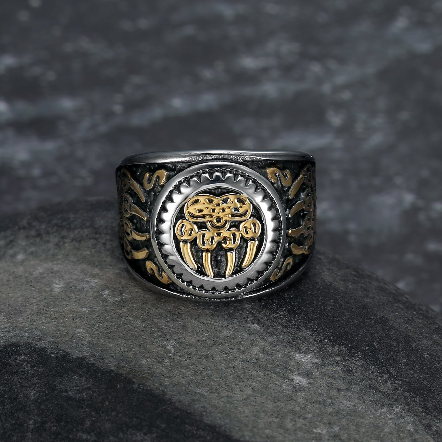 Bjorn Regalia Handcrafted Stainless Steel Dual Color Bear Paw / Veles Ring