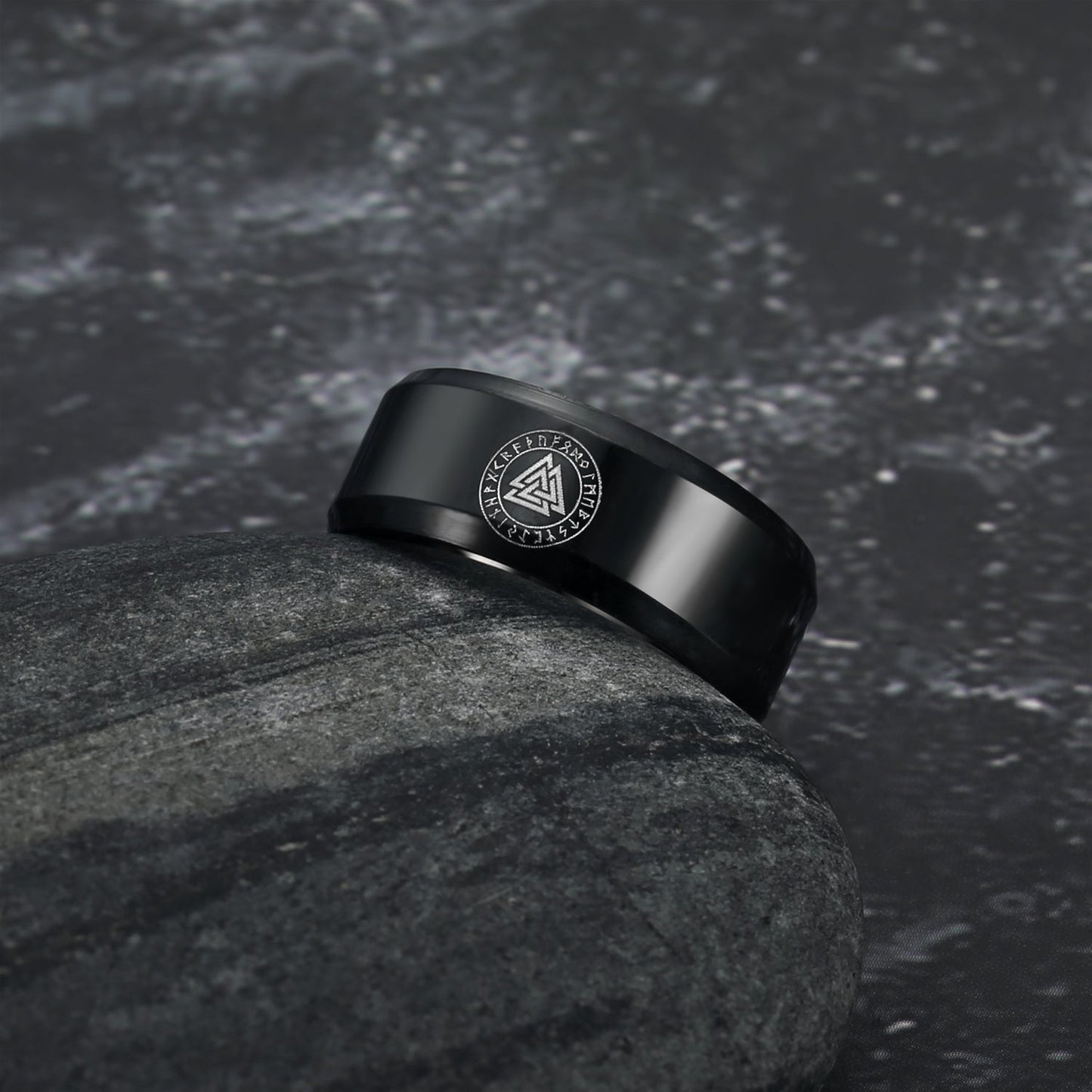Bjorn Regalia Black Handcrafted Stainless Steel Valknut and Rune Ring