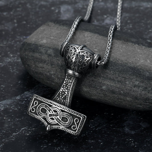 Bjorn Regalia Handcrafted Stainless Steel Chunky Mjolnir Necklace With Celtic Scrolls