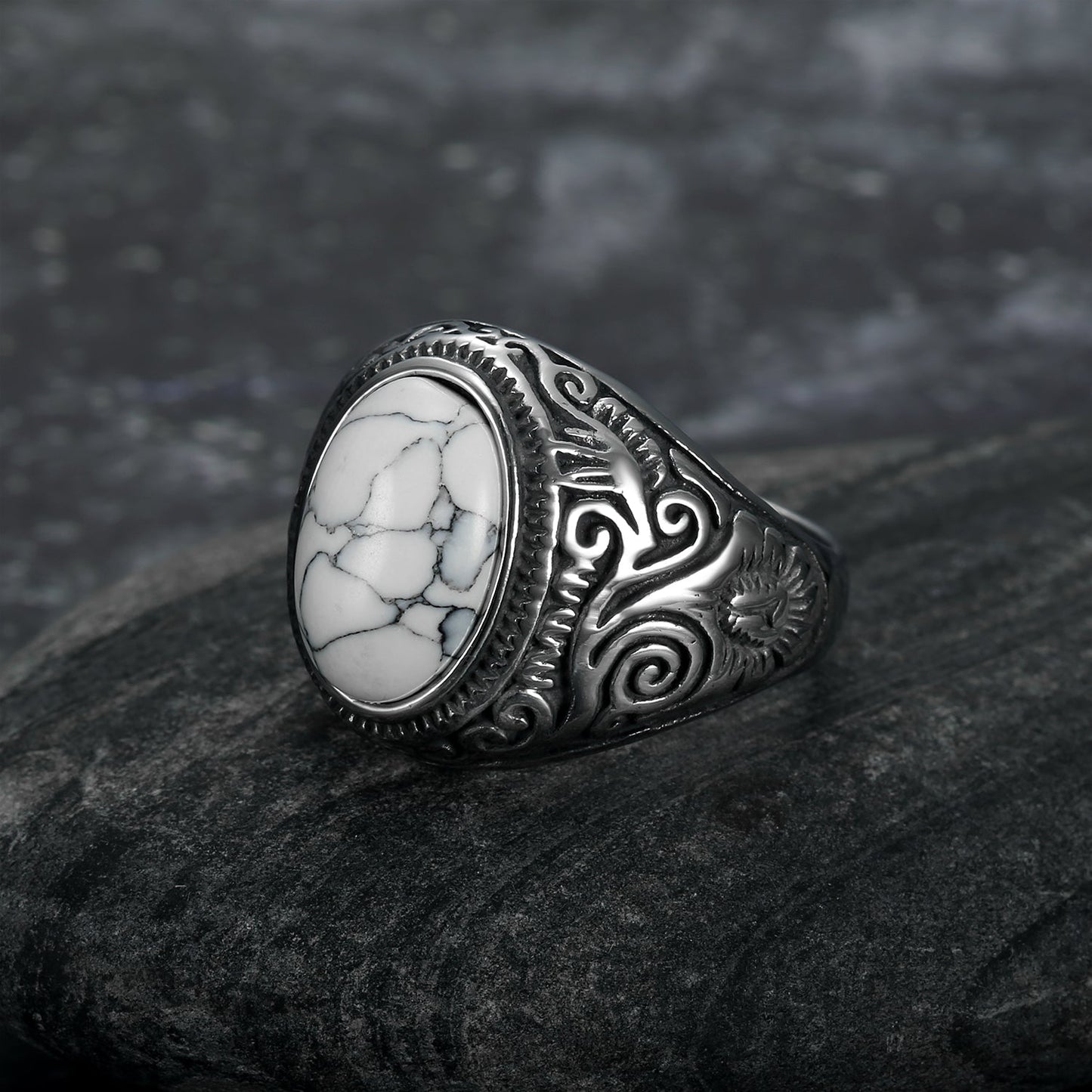 Bjorn Regalia Handcrafted Stainless Steel Celtic Scroll Ring With Inset Stone