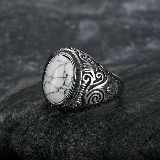 Bjorn Regalia Handcrafted Stainless Steel Celtic Scroll Ring With Inset Stone