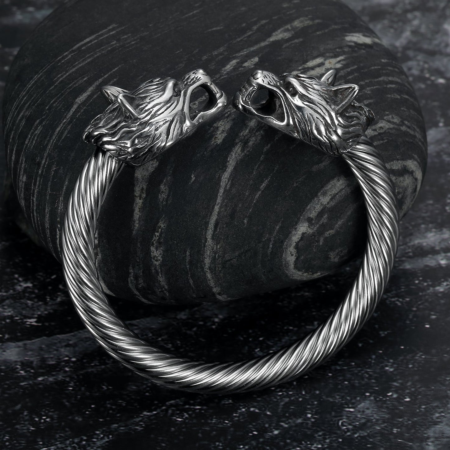 Bjorn Regalia Handcrafted Stainless Steel Large Wolf Head Torc Bracelet