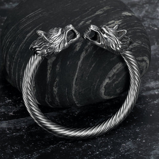 Bjorn Regalia Handcrafted Stainless Steel Large Wolf Head Torc Bracelet