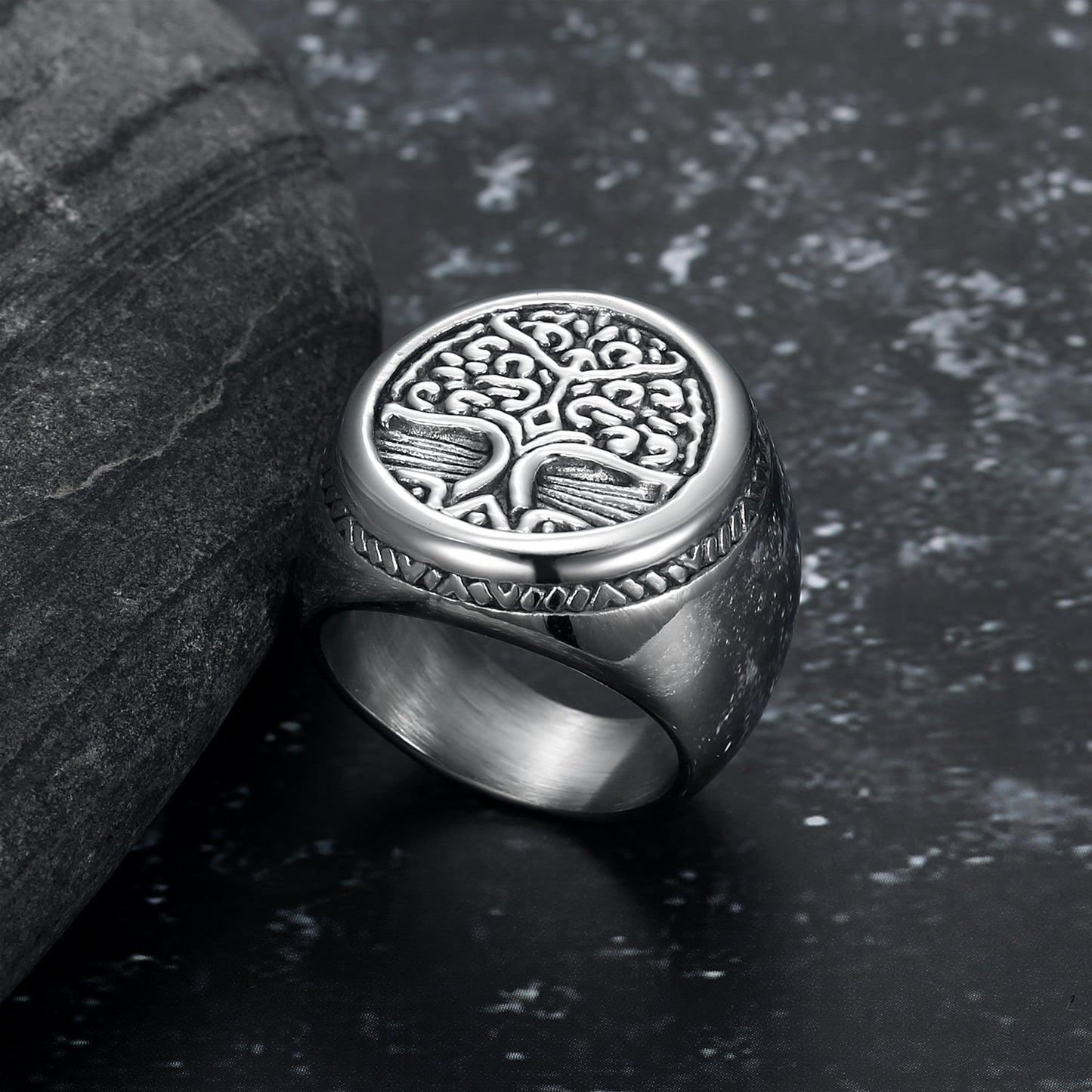 Bjorn Regalia Handcrafted Stainless Steel Yggdrasil / Tree of Life Circular Ring