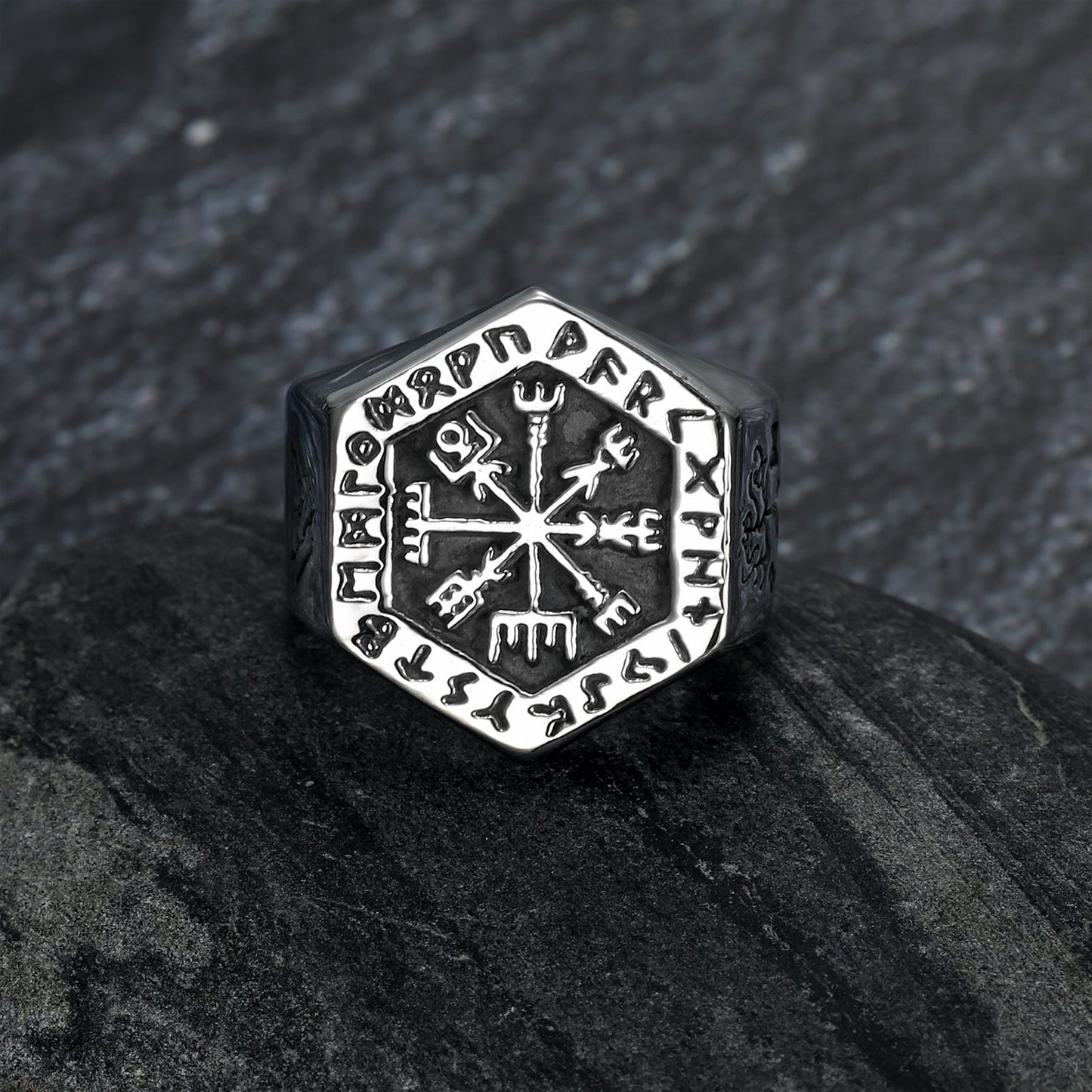 Bjorn Regalia Handcrafted Stainless Steel Hexagonal Vegvisir & Valknut Rune Ring
