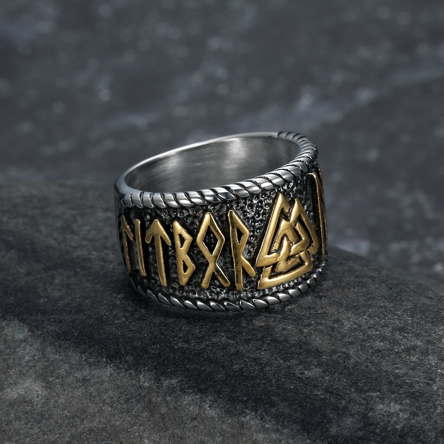 Bjorn Regalia Handcrafted Stainless Steel Valknut and Rune Ring