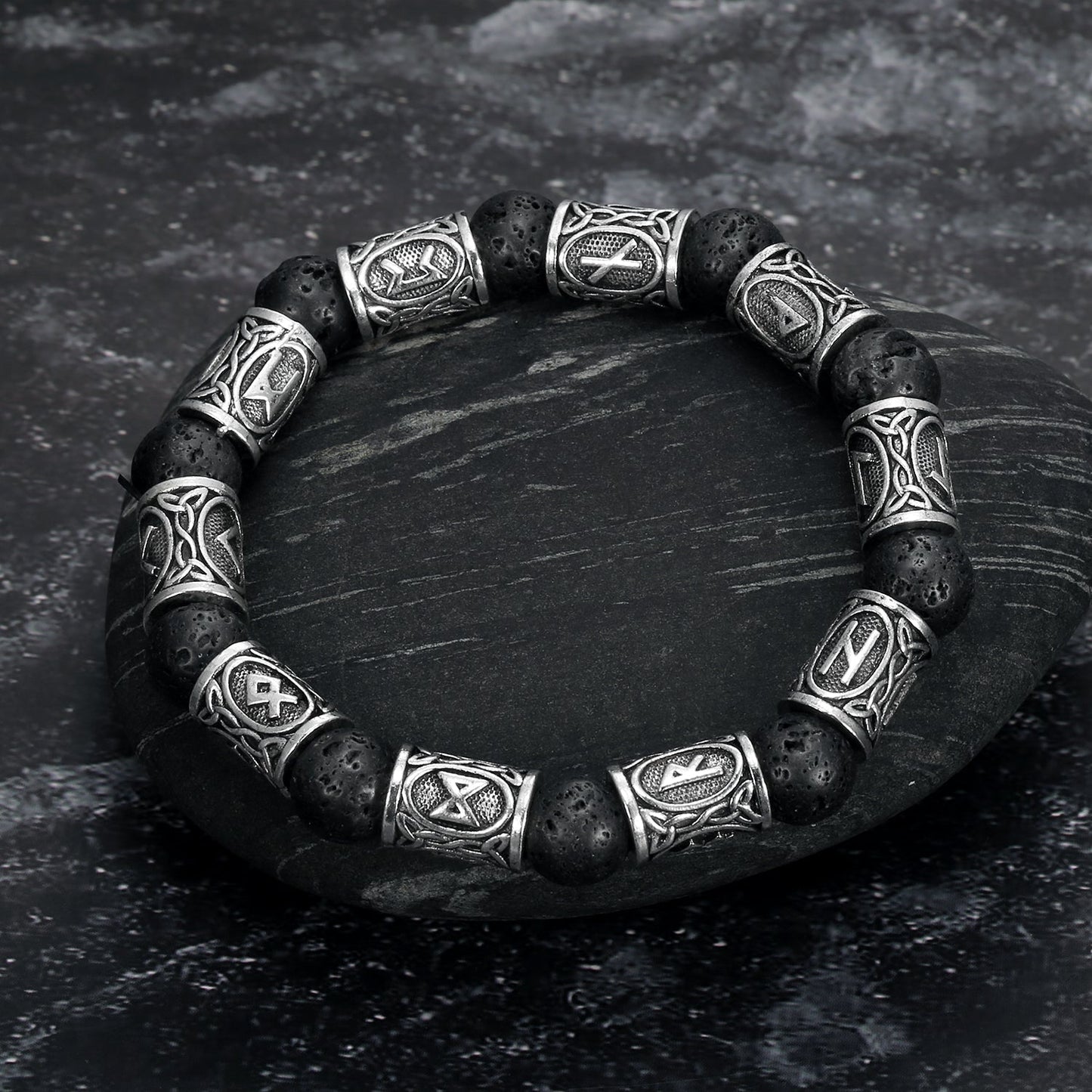 Bjorn Regalia Silver Rune and Black Lava Stone Bracelet