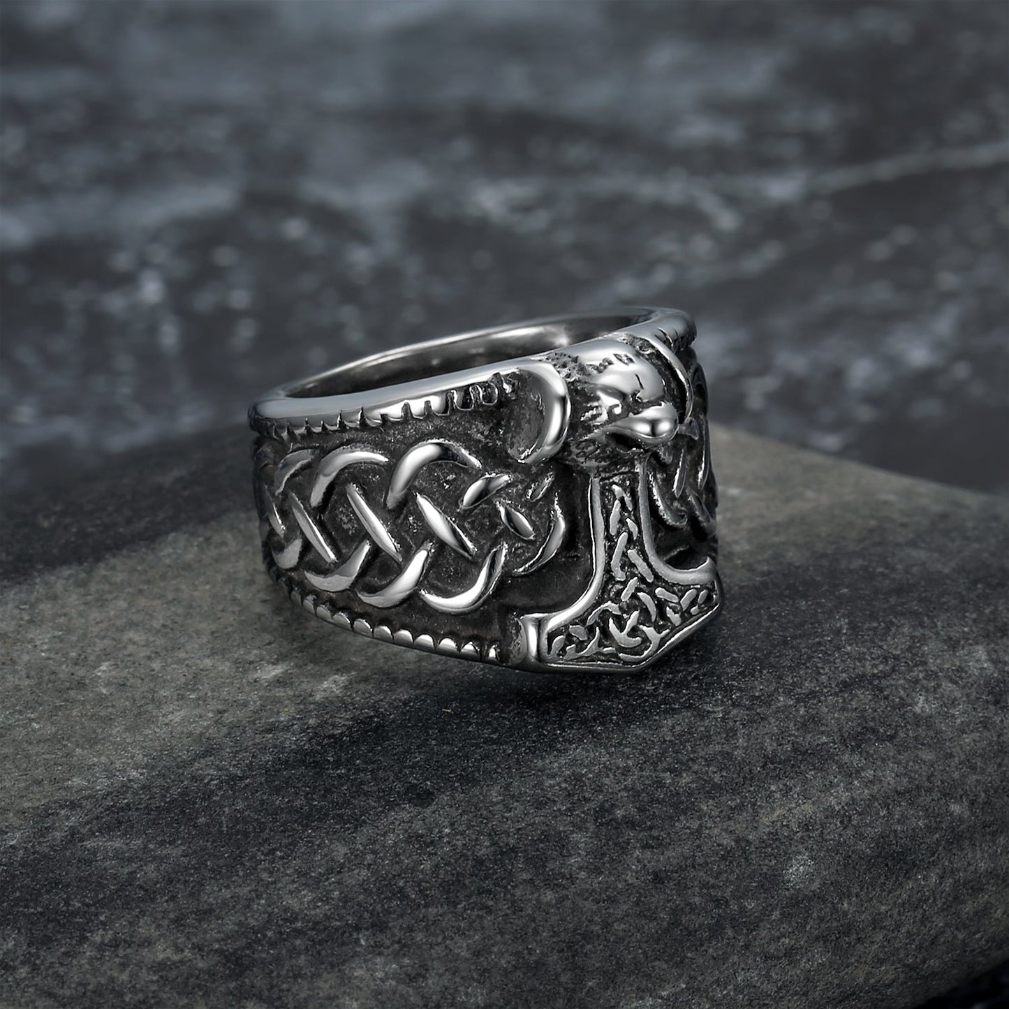 Bjorn Regalia Handcrafted Stainless Steel Thor's Hammer and Celtic Knotwork Ring