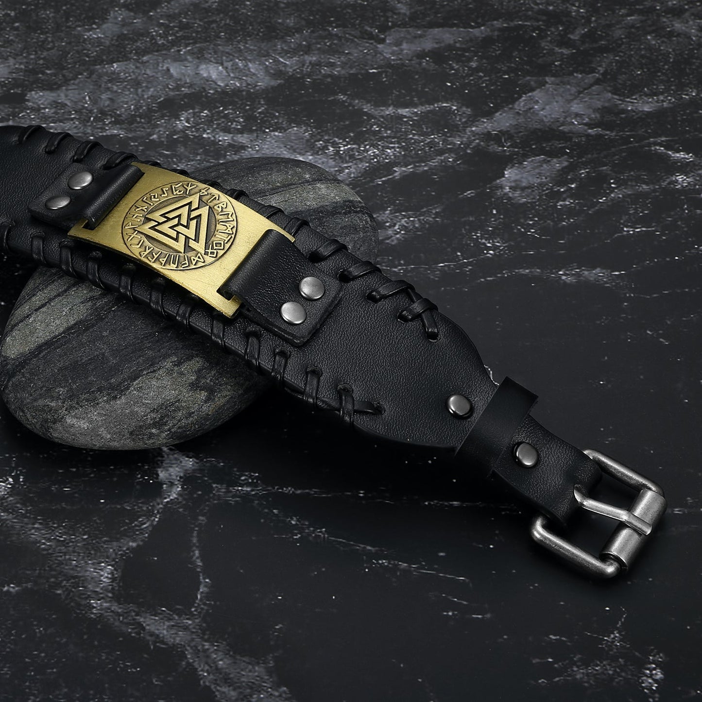Bjorn Regalia Leather Buckle Arm Cuff With Metal Valknut Design