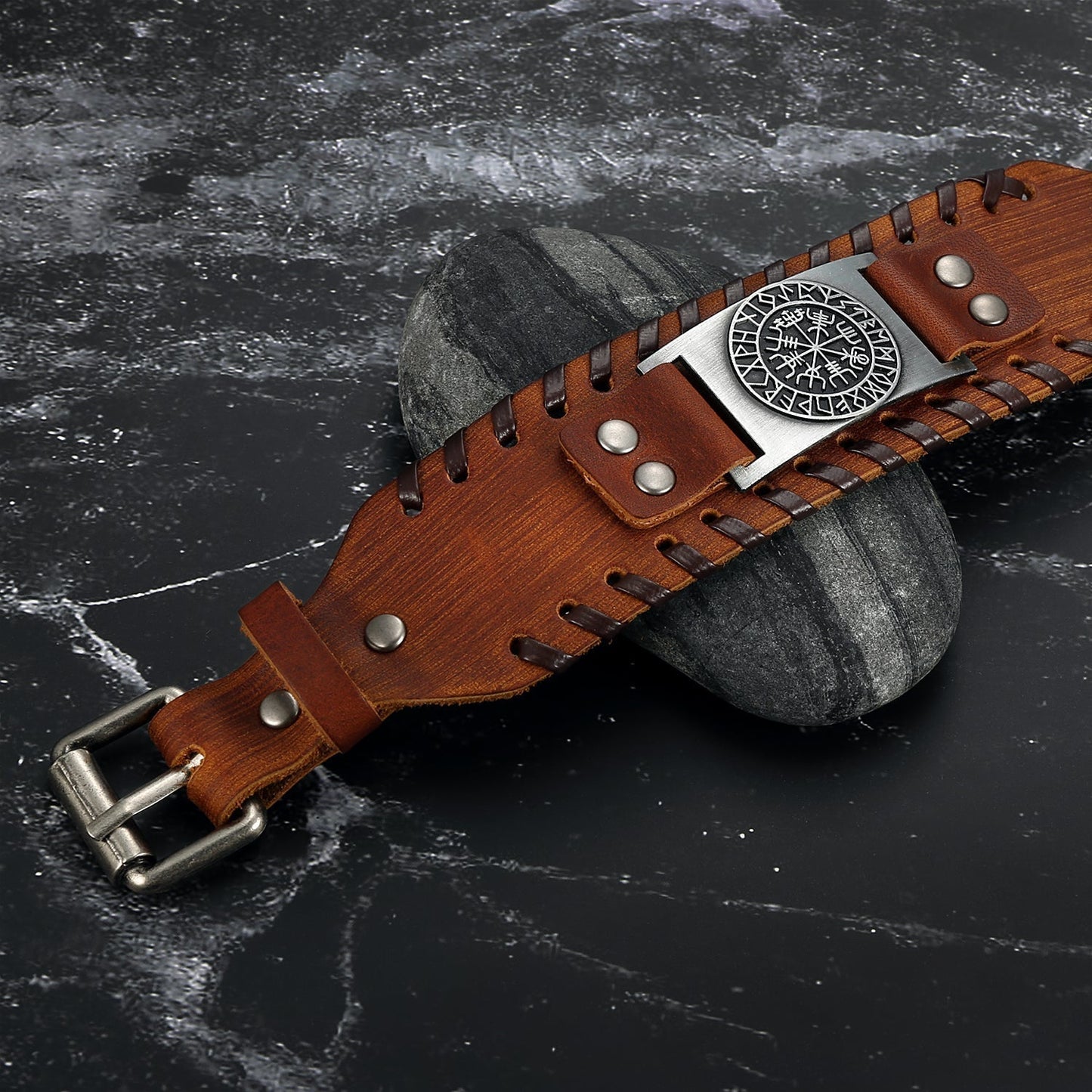 Bjorn Regalia Leather Buckle Arm Cuff With Metal Vegvisir Design