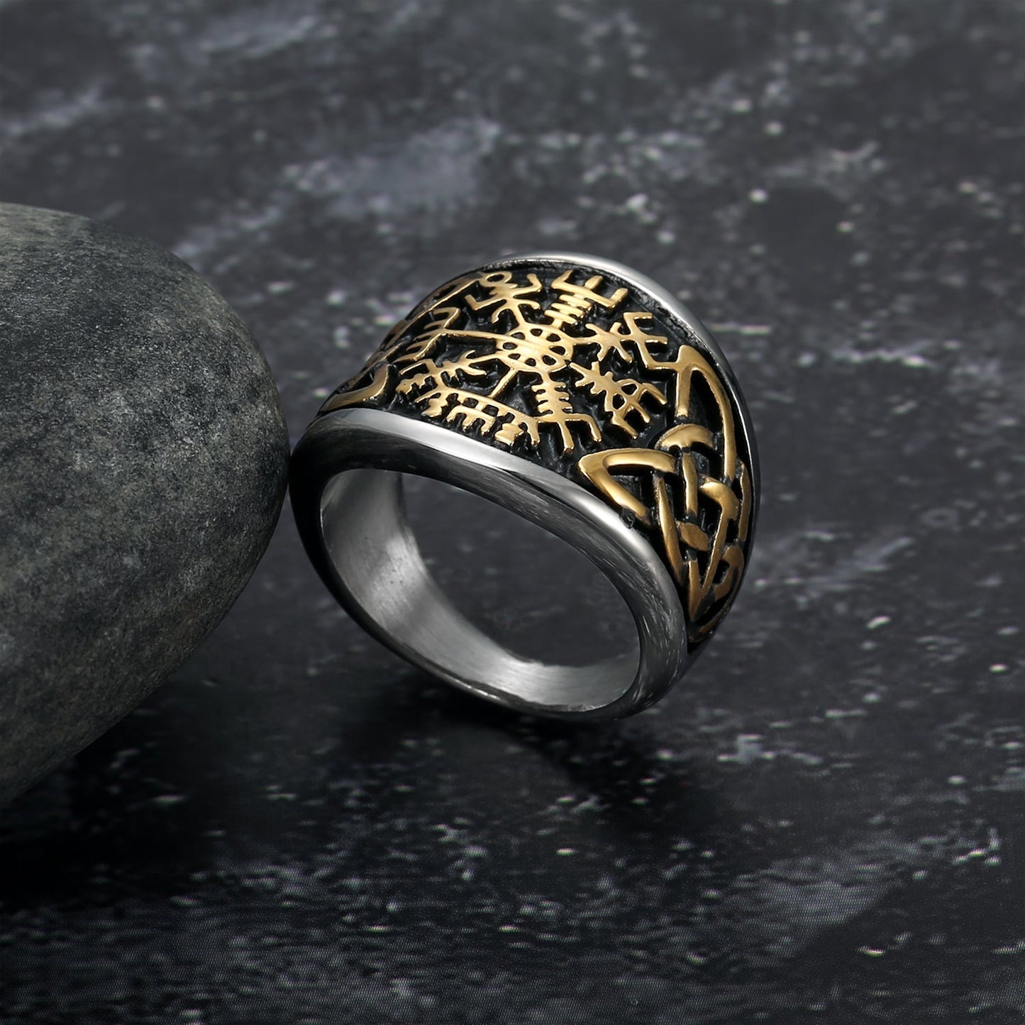 Bjorn Regalia Dual Color Handcrafted Stainless Steel Vegvisir and Celtic Knot Ring