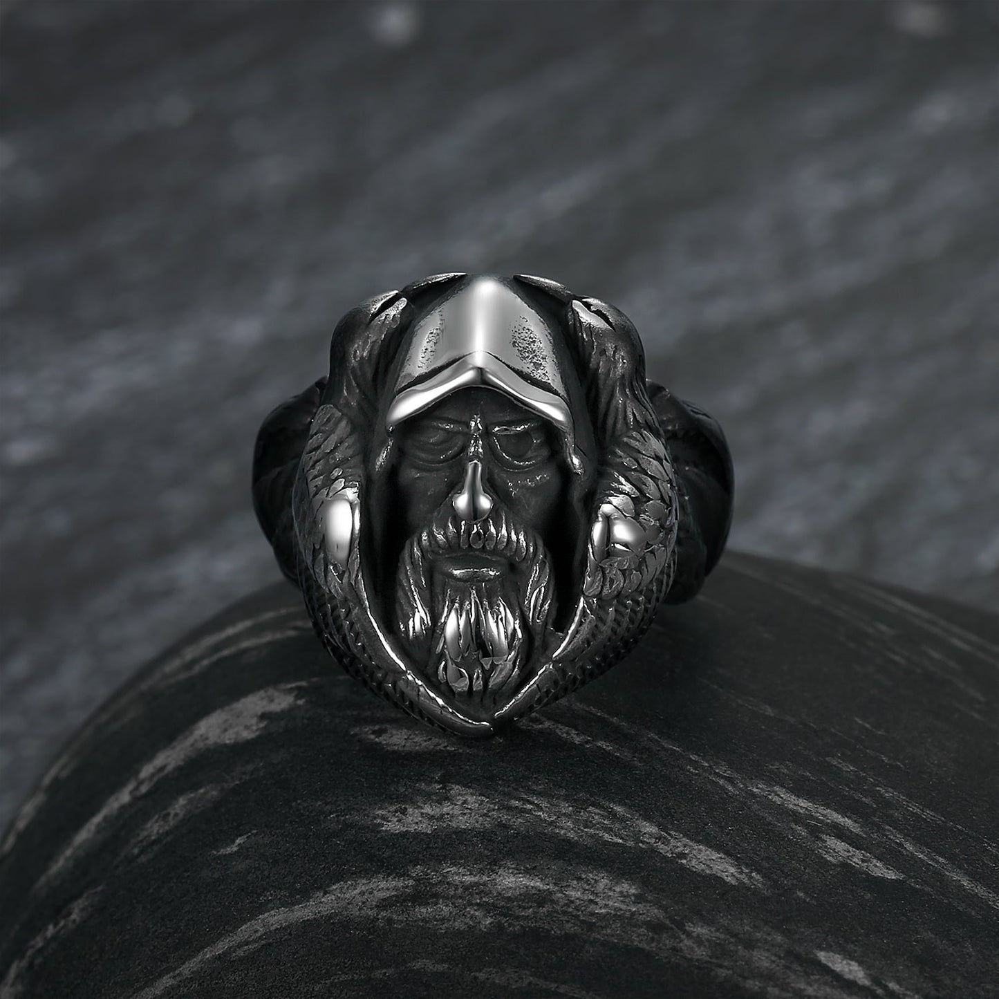 Bjorn Regalia Handcrafted Stainless Steel Viking Odin Ring With Raven and Wolf
