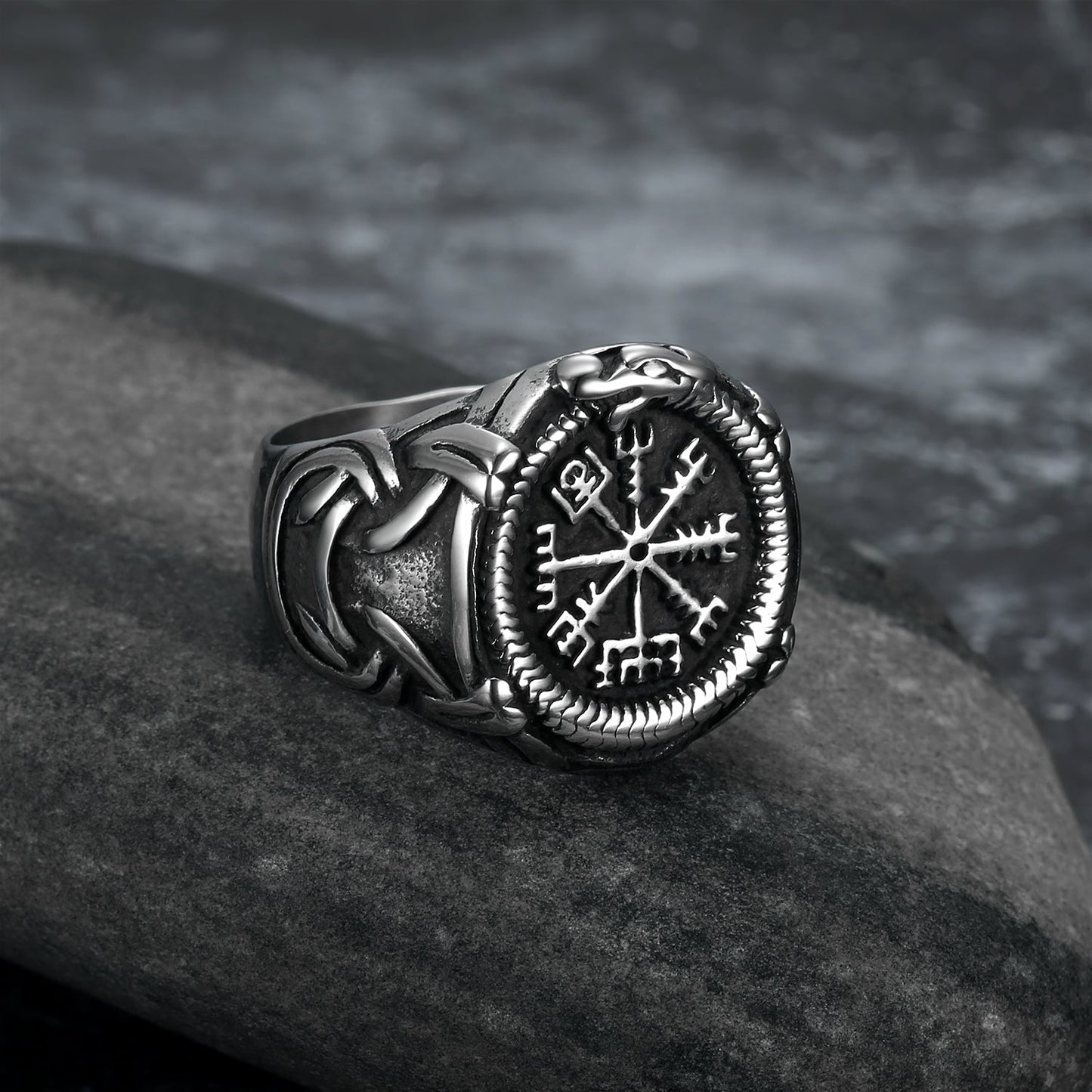 Bjorn Regalia Handcrafted Stainless Steel Vegvisir and Jormungand Ring