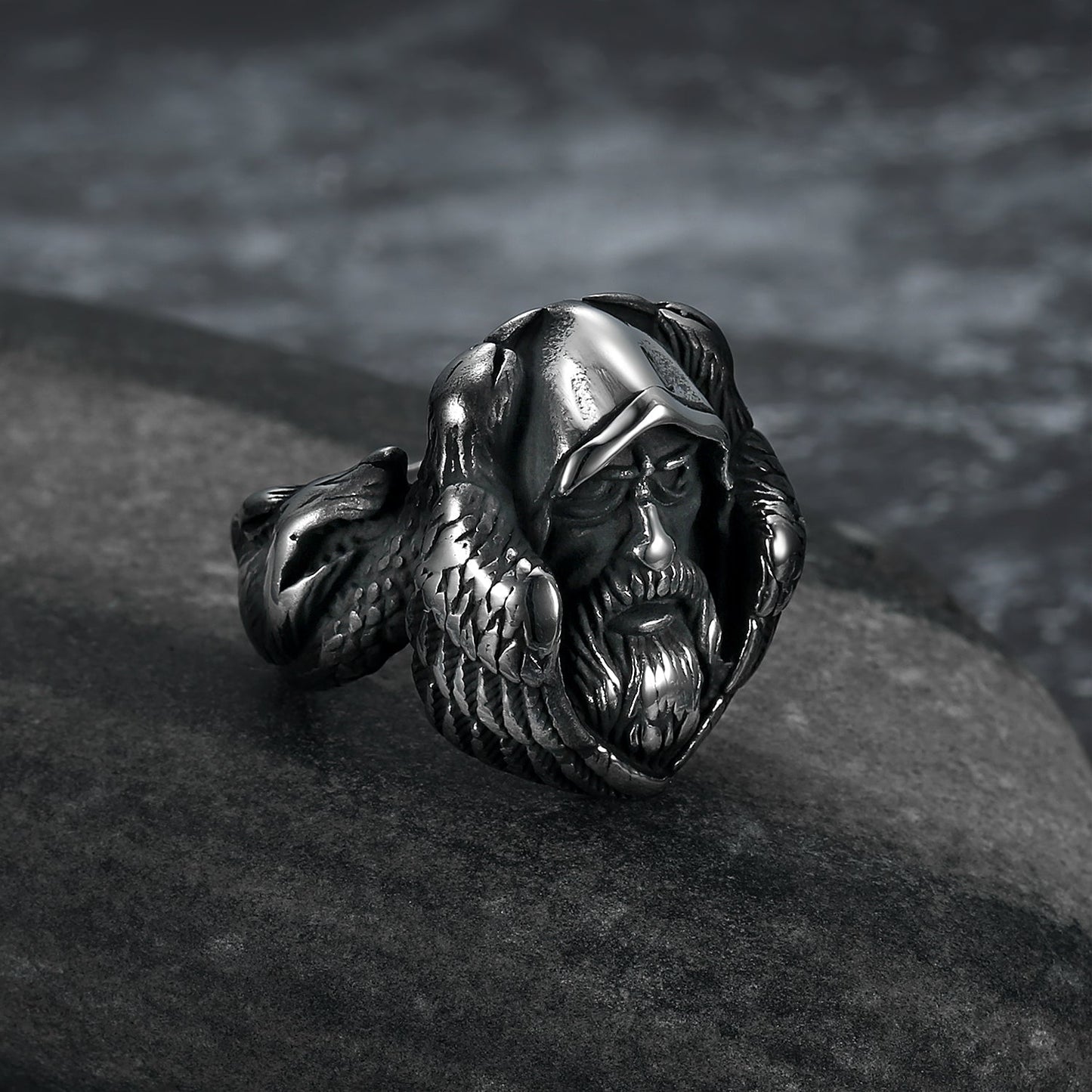 Bjorn Regalia Handcrafted Stainless Steel Viking Odin Ring With Raven and Wolf