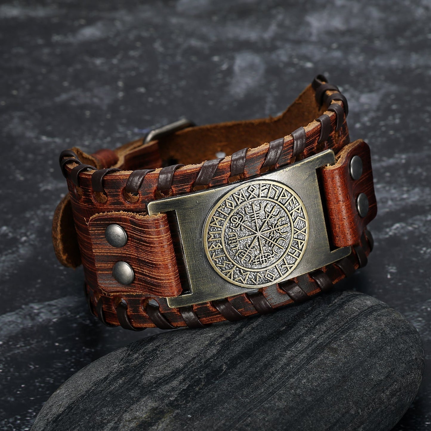 Bjorn Regalia Leather Buckle Arm Cuff With Metal Vegvisir Design