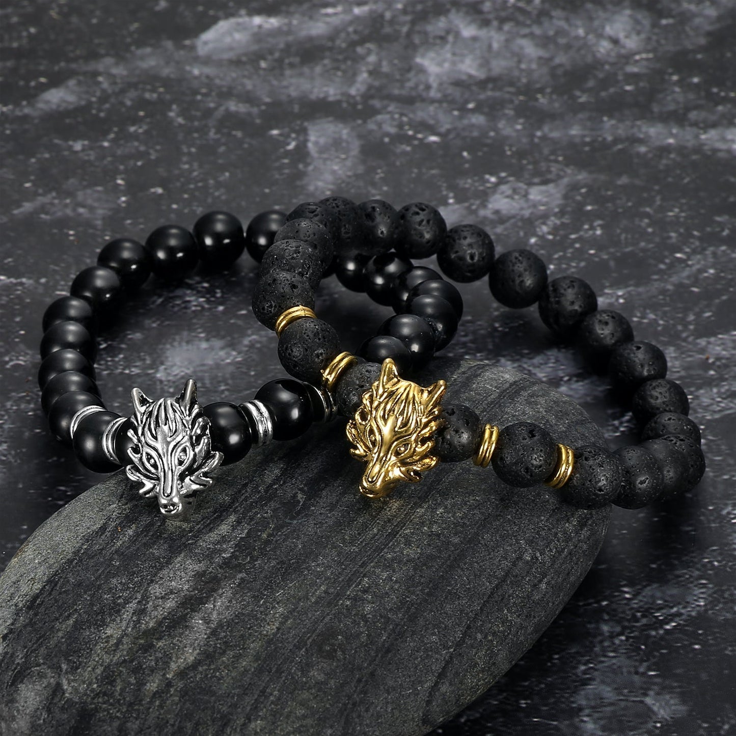 Bjorn Regalia Wolf Head and Lava Stone Bracelet