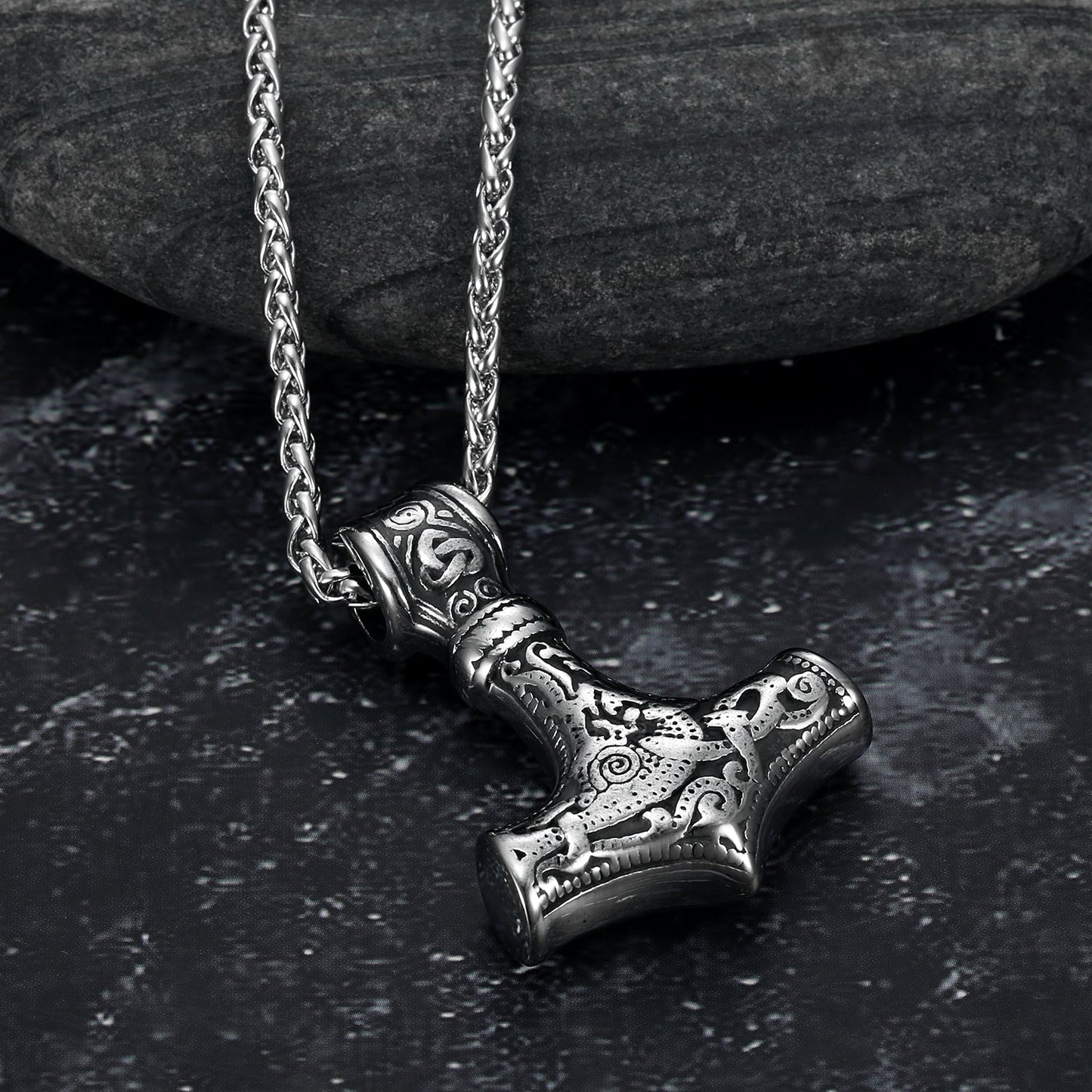 Bjorn Regalia Handcrafted Stainless Steel 'Knotwork' Mjolnir on Handcrafted Stainless Steel Link Chain