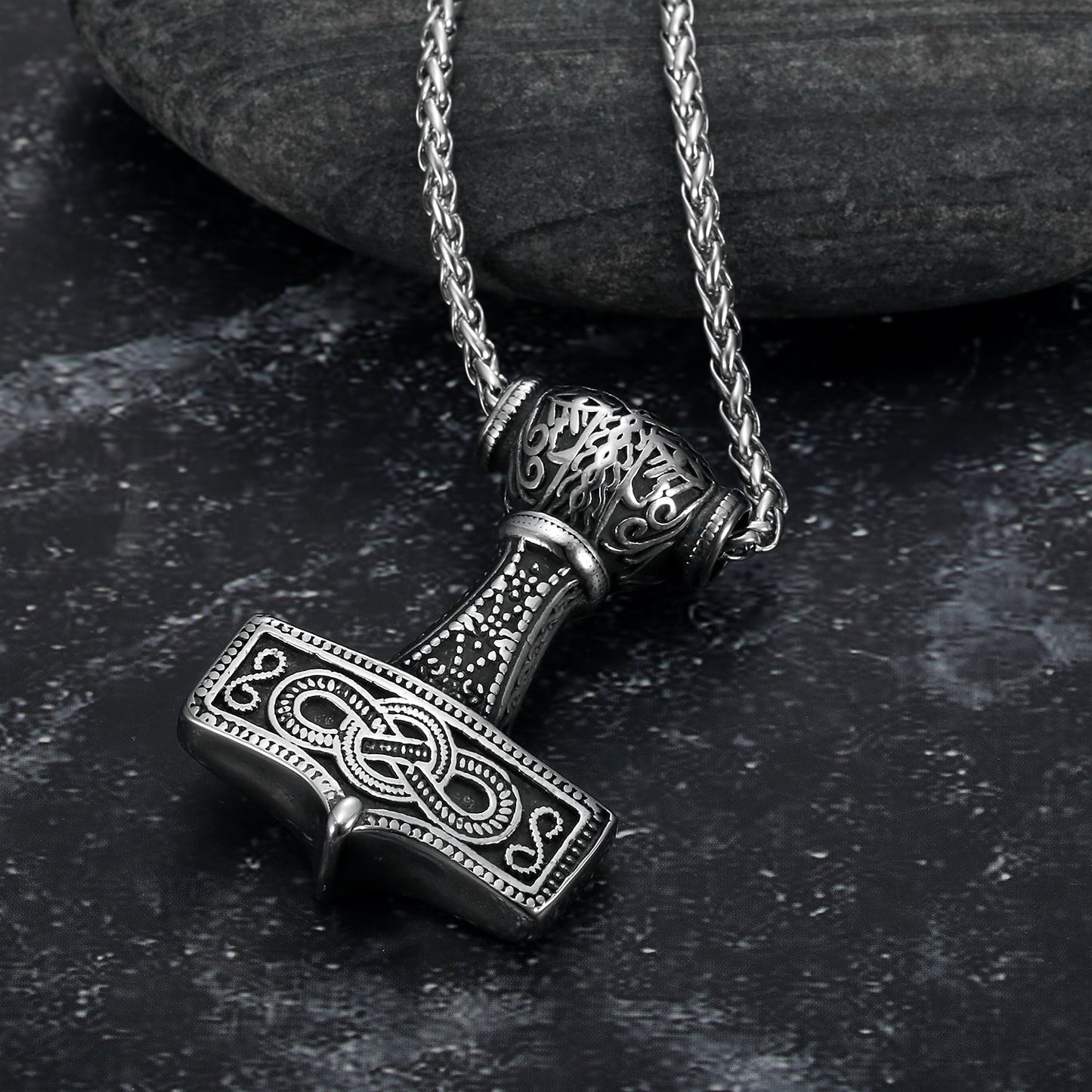 Bjorn Regalia Handcrafted Stainless Steel Chunky Mjolnir Necklace With Celtic Scrolls
