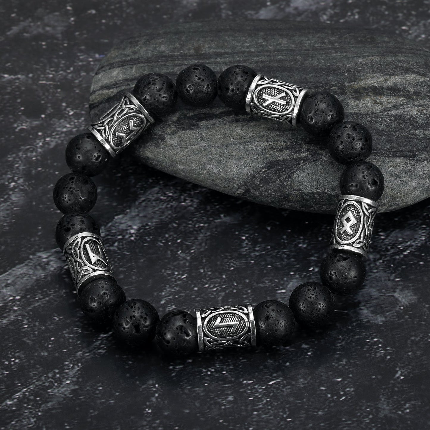 Bjorn Regalia Silver Rune and Black Lava Stone Bracelet