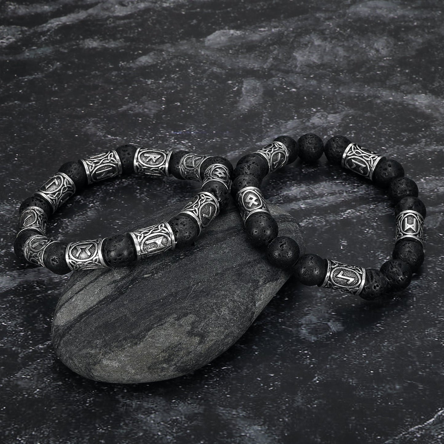 Bjorn Regalia Silver Rune and Black Lava Stone Bracelet
