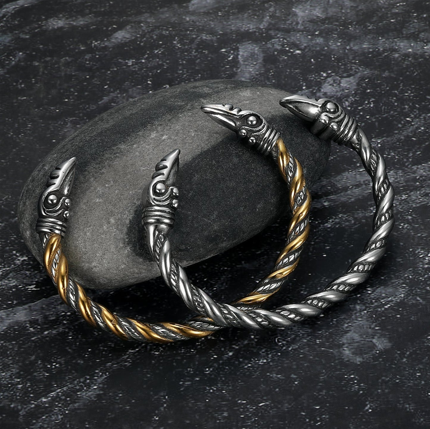 Bjorn Regalia Handcrafted Stainless Steel Beaded Spiral Raven Head Torc Bracelet