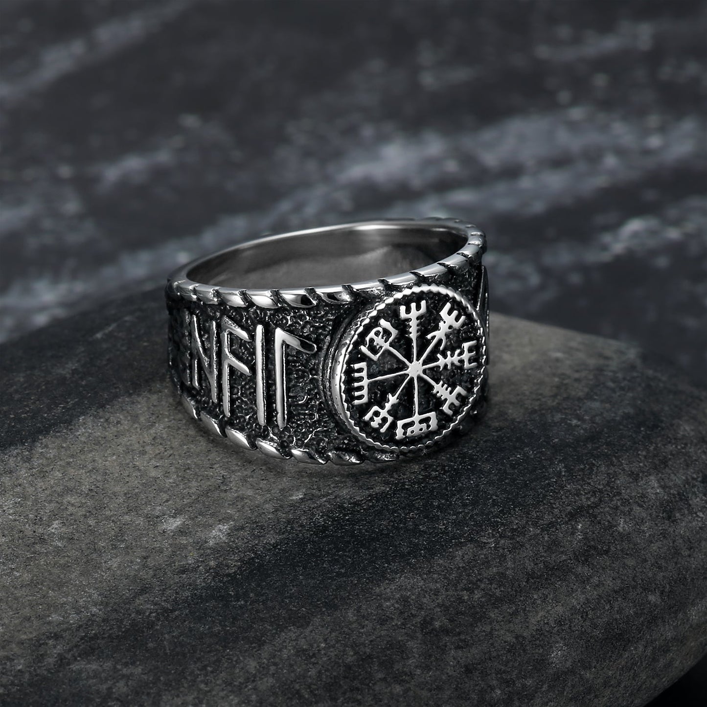 Bjorn Regalia Handcrafted Stainless Steel Vegvisir and Runes Ring