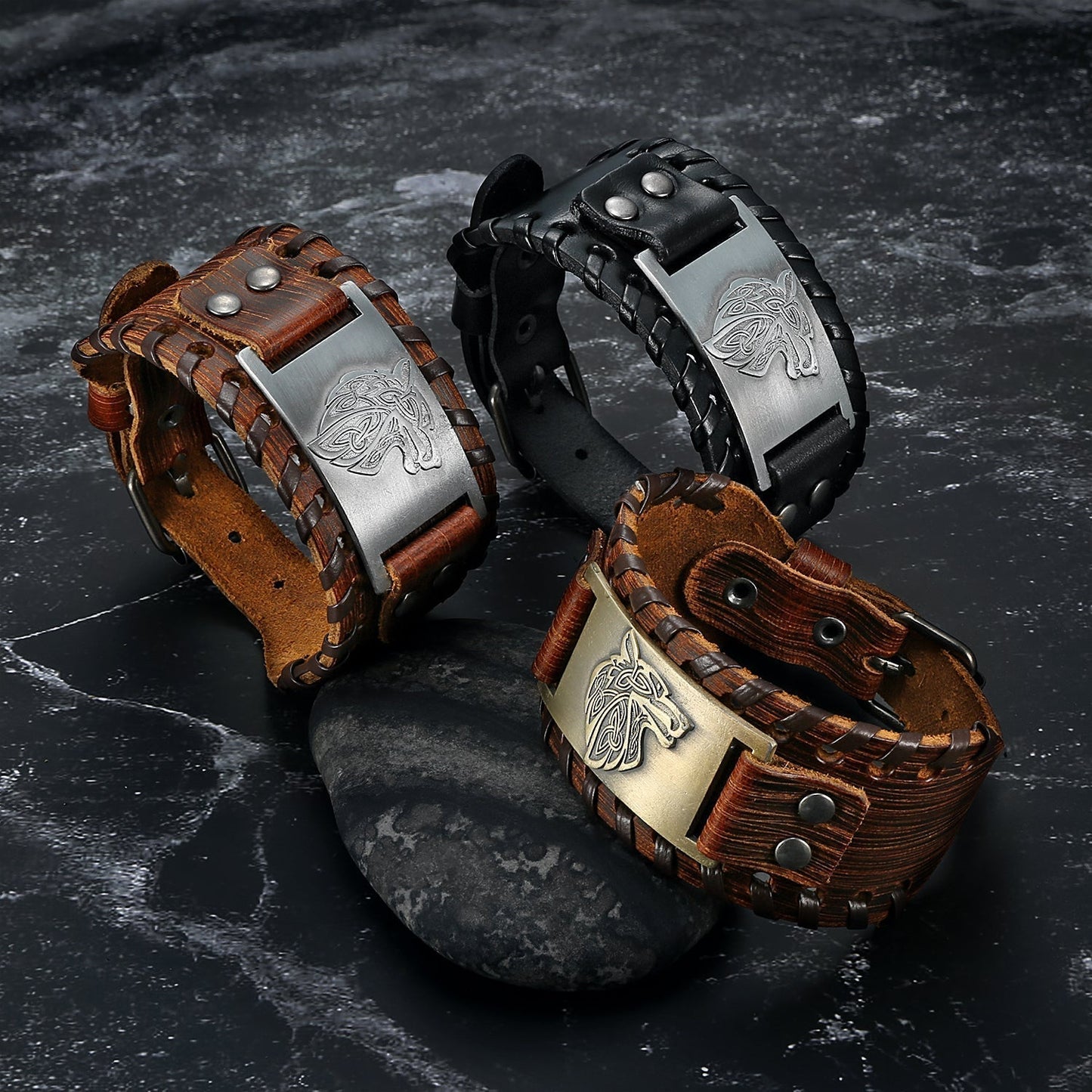 Bjorn Regalia Leather Buckle Arm Cuff With Fenrir Design