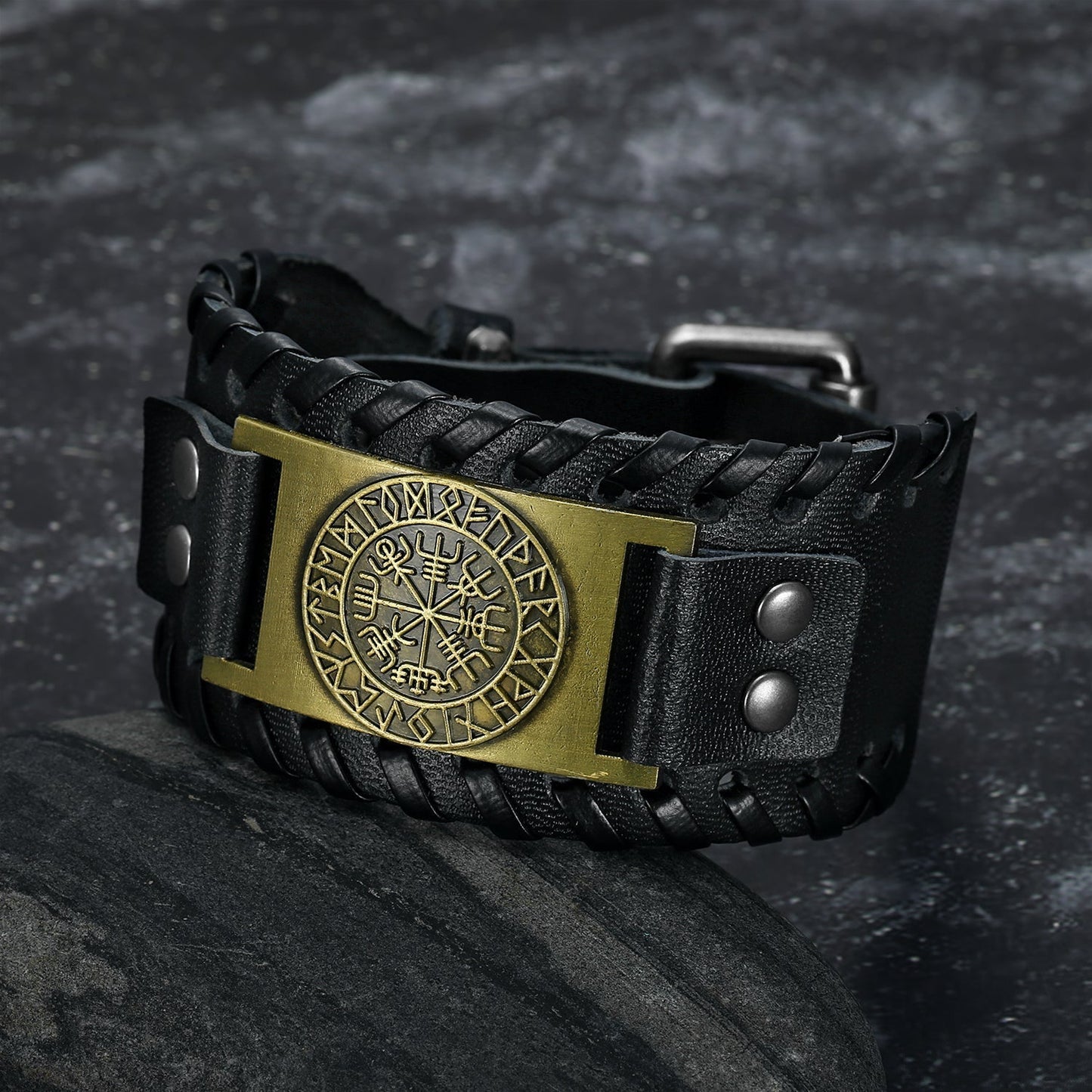 Bjorn Regalia Leather Buckle Arm Cuff With Metal Vegvisir Design
