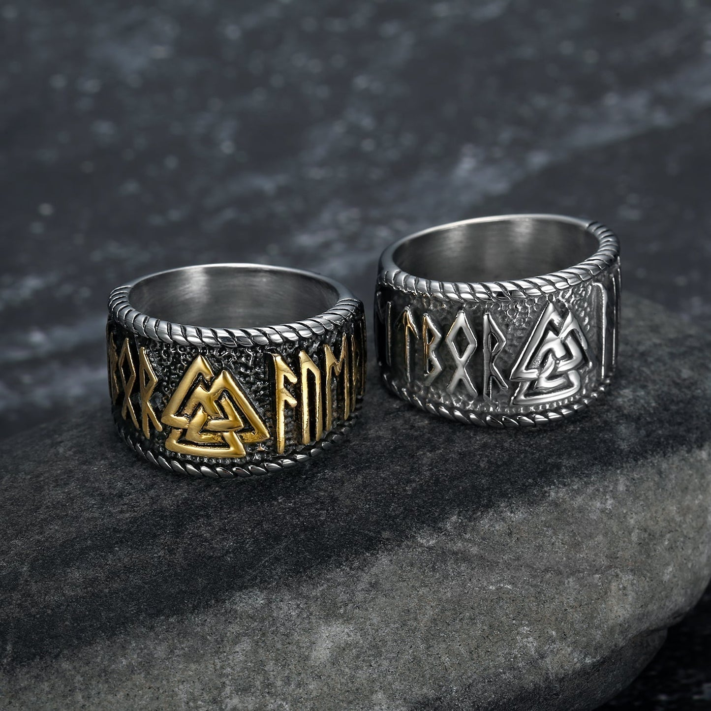 Bjorn Regalia Handcrafted Stainless Steel Valknut and Rune Ring