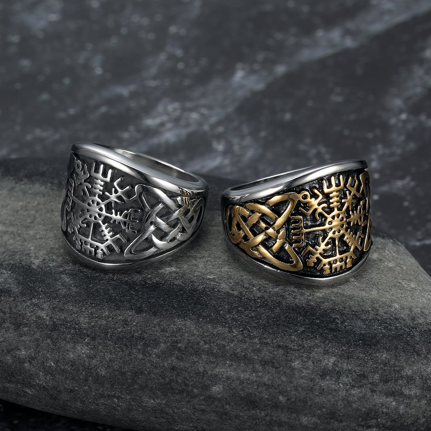 Bjorn Regalia Handcrafted Stainless Steel Vegvisir and Celtic Knot Ring