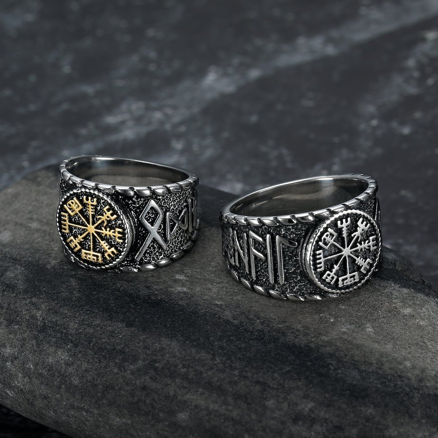 Bjorn Regalia Handcrafted Stainless Steel Vegvisir and Runes Ring